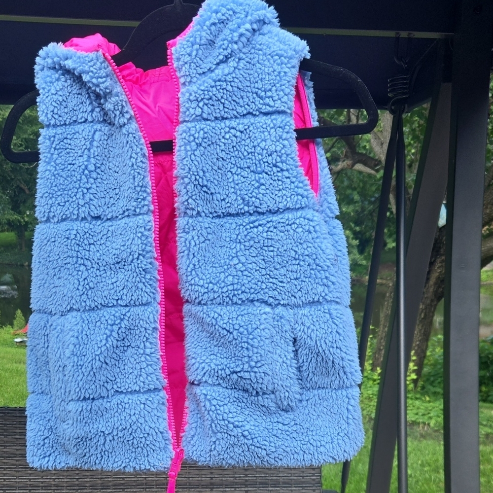 Blue Fuzzy Vest with Pink Lining